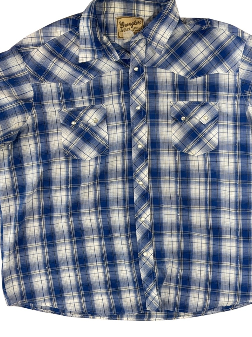 Wrangler Vintage Men's Short Sleeve Blue Plaid Western Shirt w/ Pearl Buttons